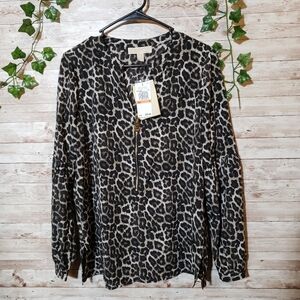 Michael Kors Cheetah Print Blouse Long Sleep Front Zip Detail New NWT MK